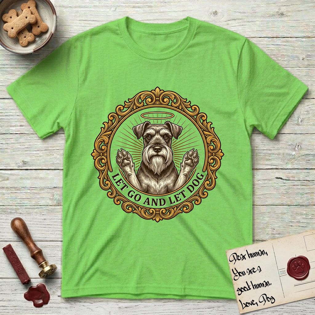 Let Go and Let Dog Schnauzer T-Shirt flat lay in Lime, featuring an ornate gilded medallion of a haloed Schnauzer with front paws raised.