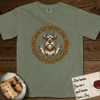 Let Go and Let Dog Schnauzer T-Shirt flat lay in Sage, featuring an ornate gilded medallion of a haloed Schnauzer with front paws raised.