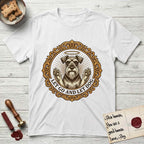 Let Go and Let Dog Schnauzer T-Shirt flat lay in White, featuring an ornate gilded medallion of a haloed Schnauzer with front paws raised.