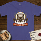 Let Go and Let Dog Shar-Pei T-Shirt flat lay in Grape, featuring an engraved woodcut portrait of a haloed wrinkled Shar-Pei, paws raised, sunburst rays behind her and a ribbon banner below.