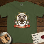 Let Go and Let Dog Shar-Pei T-Shirt flat lay in Hemp, featuring an engraved woodcut portrait of a haloed wrinkled Shar-Pei, paws raised, sunburst rays behind her and a ribbon banner below.