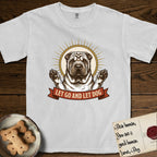 Let Go and Let Dog Shar-Pei T-Shirt flat lay in White, featuring an engraved woodcut portrait of a haloed wrinkled Shar-Pei, paws raised, sunburst rays behind her and a ribbon banner below.