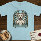Let Go and Let Dog Westie T-Shirt flat lay in Chambray, featuring an Art Nouveau arch of thistles and curling vines around a haloed West Highland White Terrier, paws raised.