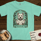 Let Go and Let Dog Westie T-Shirt flat lay in Island Reef, featuring an Art Nouveau arch of thistles and curling vines around a haloed West Highland White Terrier, paws raised.
