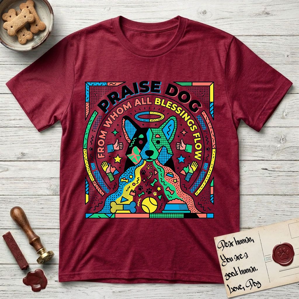 Praise Dog From Whom All Blessings Flow Australian Cattle Dog T-Shirt flat lay in Antique Cherry Red, featuring a neon pop-art illustration of an abstract Australian Cattle Dog with bold outlined "Praise Dog From Whom All Blessings Flow" lettering.