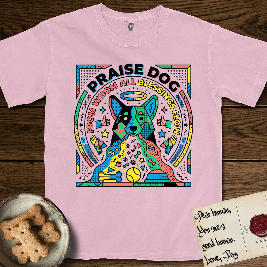 Praise Dog From Whom All Blessings Flow Australian Cattle Dog T-Shirt flat lay in Blossom, featuring a neon pop-art illustration of an abstract Australian Cattle Dog with bold outlined "Praise Dog From Whom All Blessings Flow" lettering.