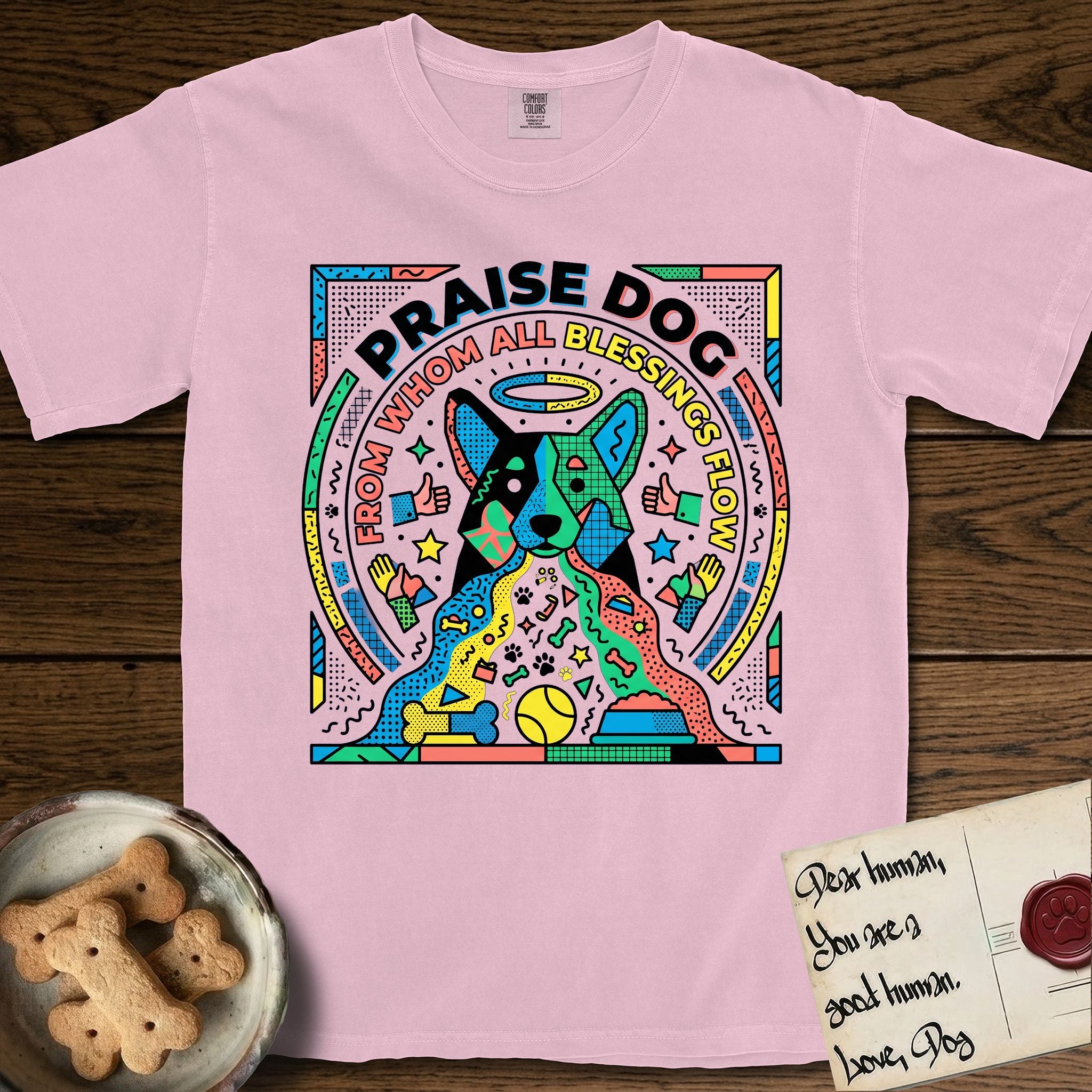 Praise Dog From Whom All Blessings Flow Australian Cattle Dog T-Shirt flat lay in Blossom, featuring a neon pop-art illustration of an abstract Australian Cattle Dog with bold outlined "Praise Dog From Whom All Blessings Flow" lettering.