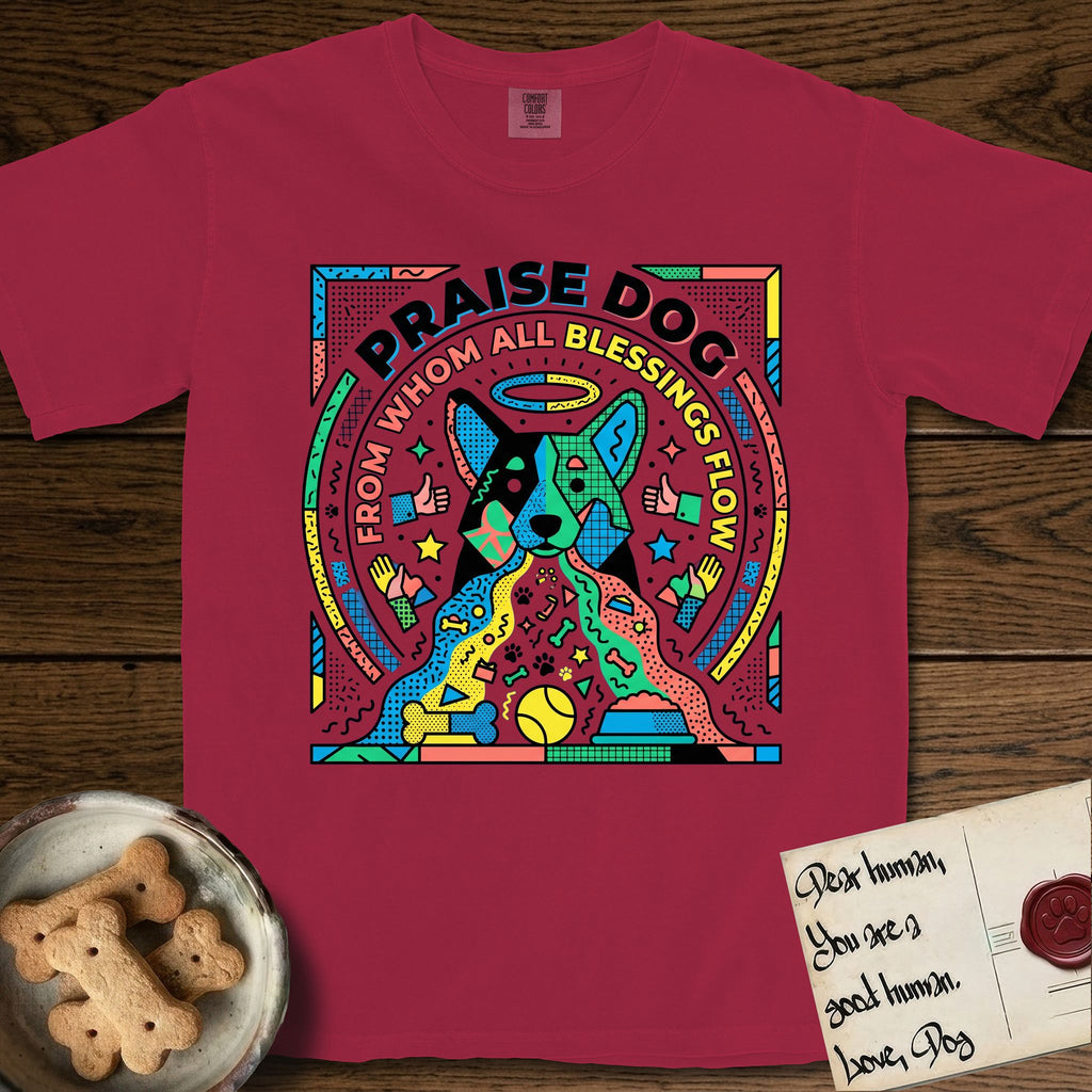 Praise Dog From Whom All Blessings Flow Australian Cattle Dog T-Shirt flat lay in Chili, featuring a neon pop-art illustration of an abstract Australian Cattle Dog with bold outlined "Praise Dog From Whom All Blessings Flow" lettering.