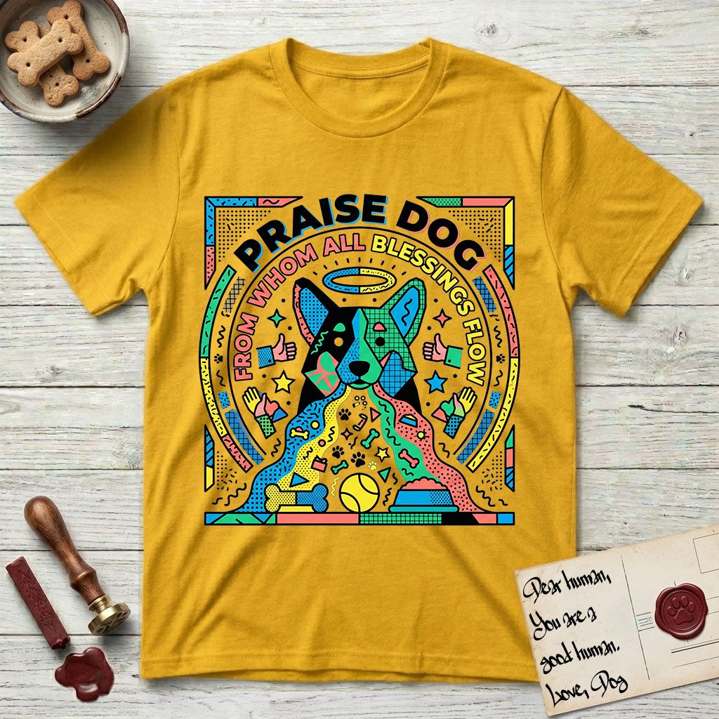Praise Dog From Whom All Blessings Flow Australian Cattle Dog T-Shirt flat lay in Daisy, featuring a neon pop-art illustration of an abstract Australian Cattle Dog with bold outlined "Praise Dog From Whom All Blessings Flow" lettering.