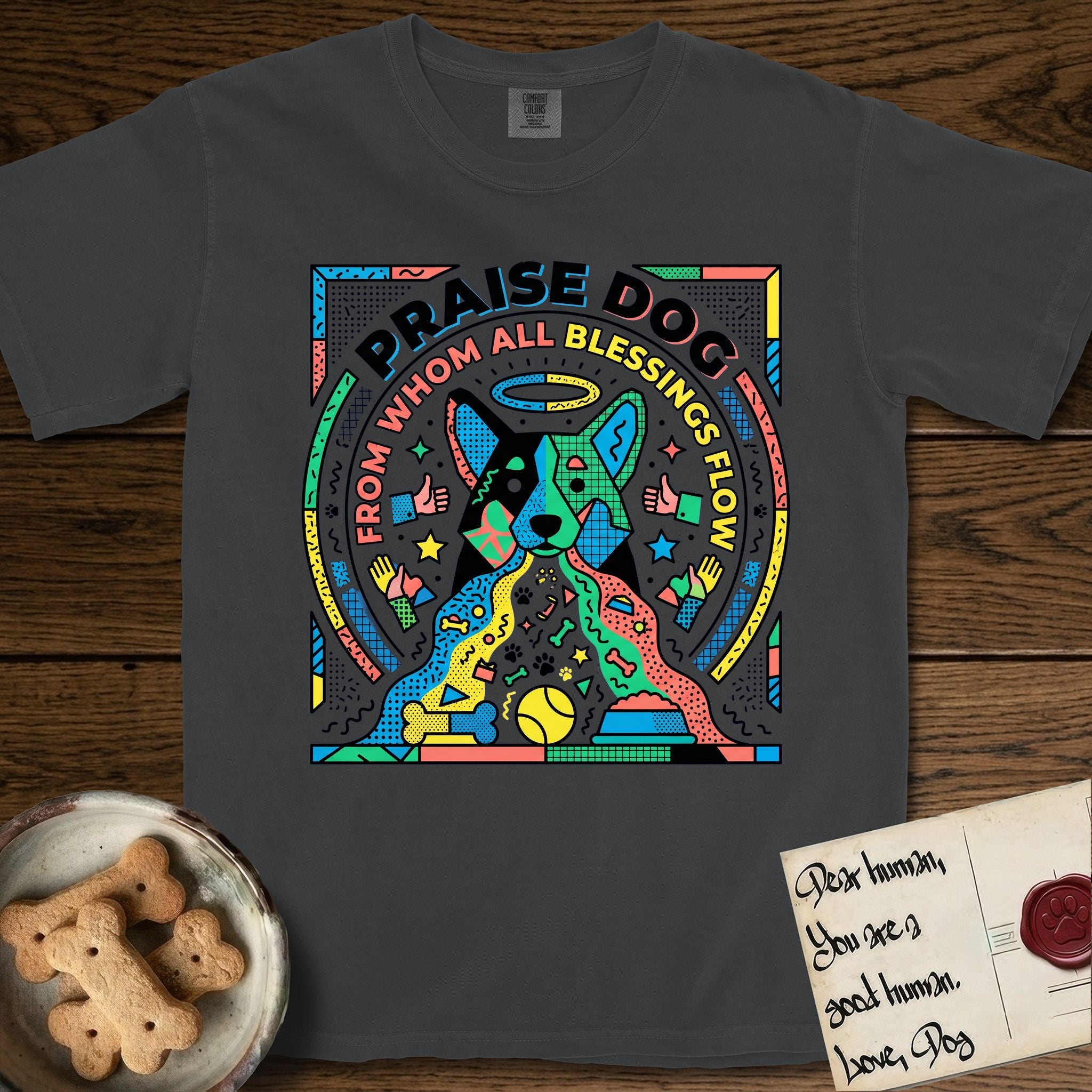 Praise Dog From Whom All Blessings Flow Australian Cattle Dog T-Shirt flat lay in Graphite, featuring a neon pop-art illustration of an abstract Australian Cattle Dog with bold outlined "Praise Dog From Whom All Blessings Flow" lettering.