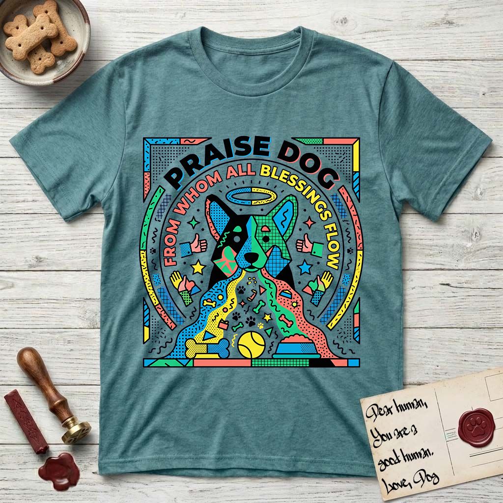 Praise Dog From Whom All Blessings Flow Australian Cattle Dog T-Shirt flat lay in Heather Galapagos Blue, featuring a neon pop-art illustration of an abstract Australian Cattle Dog with bold outlined "Praise Dog From Whom All Blessings Flow" lettering.