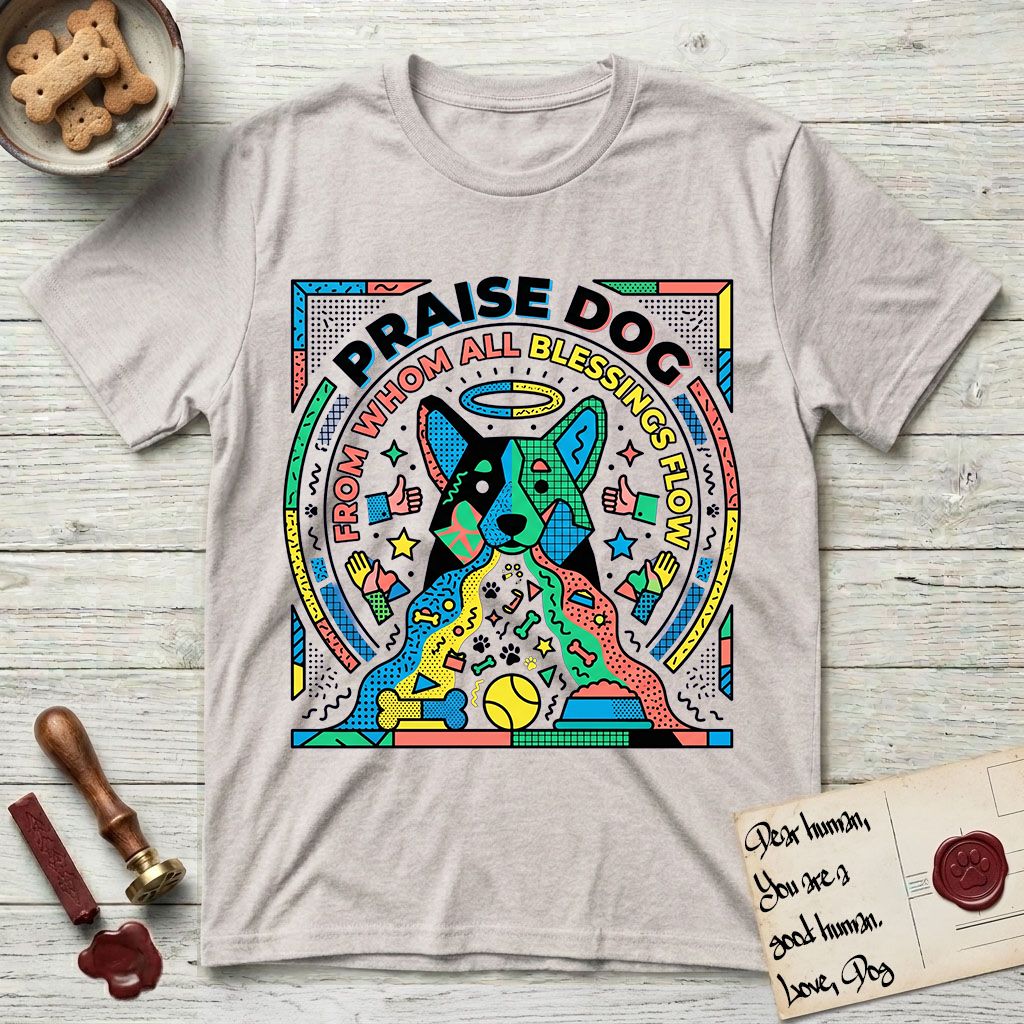 Praise Dog From Whom All Blessings Flow Australian Cattle Dog T-Shirt flat lay in Ice Grey, featuring a neon pop-art illustration of an abstract Australian Cattle Dog with bold outlined "Praise Dog From Whom All Blessings Flow" lettering.