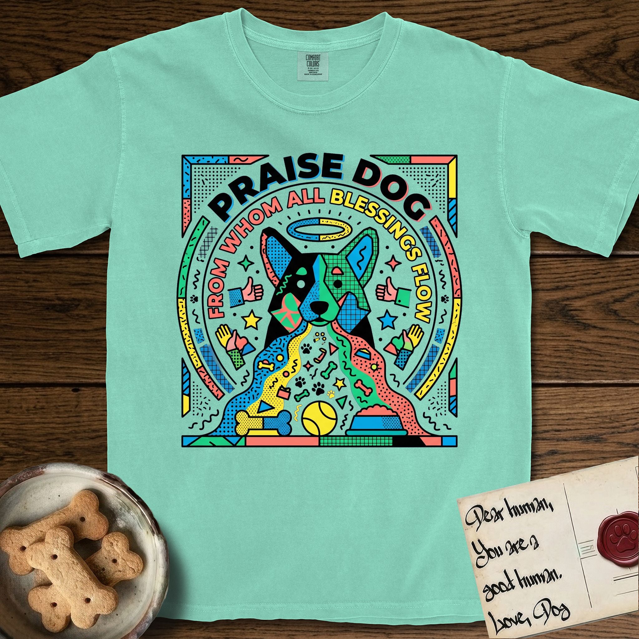 Praise Dog From Whom All Blessings Flow Australian Cattle Dog T-Shirt flat lay in Island Reef, featuring a neon pop-art illustration of an abstract Australian Cattle Dog with bold outlined "Praise Dog From Whom All Blessings Flow" lettering.