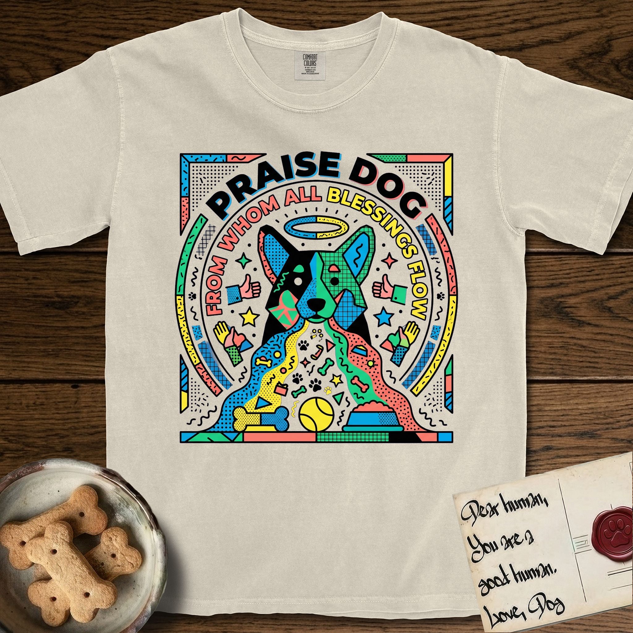 Praise Dog From Whom All Blessings Flow Australian Cattle Dog T-Shirt flat lay in Ivory, featuring a neon pop-art illustration of an abstract Australian Cattle Dog with bold outlined "Praise Dog From Whom All Blessings Flow" lettering.