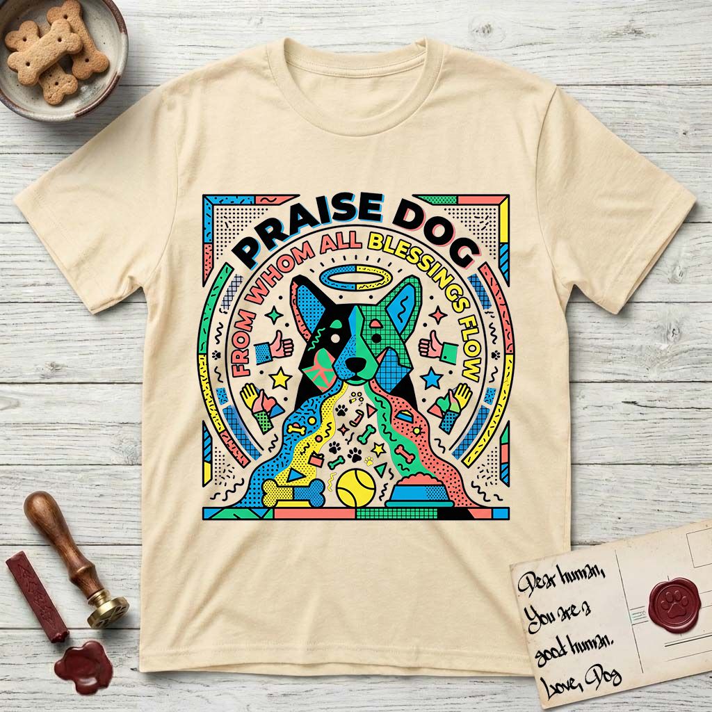 Praise Dog From Whom All Blessings Flow Australian Cattle Dog T-Shirt flat lay in Natural, featuring a neon pop-art illustration of an abstract Australian Cattle Dog with bold outlined "Praise Dog From Whom All Blessings Flow" lettering.