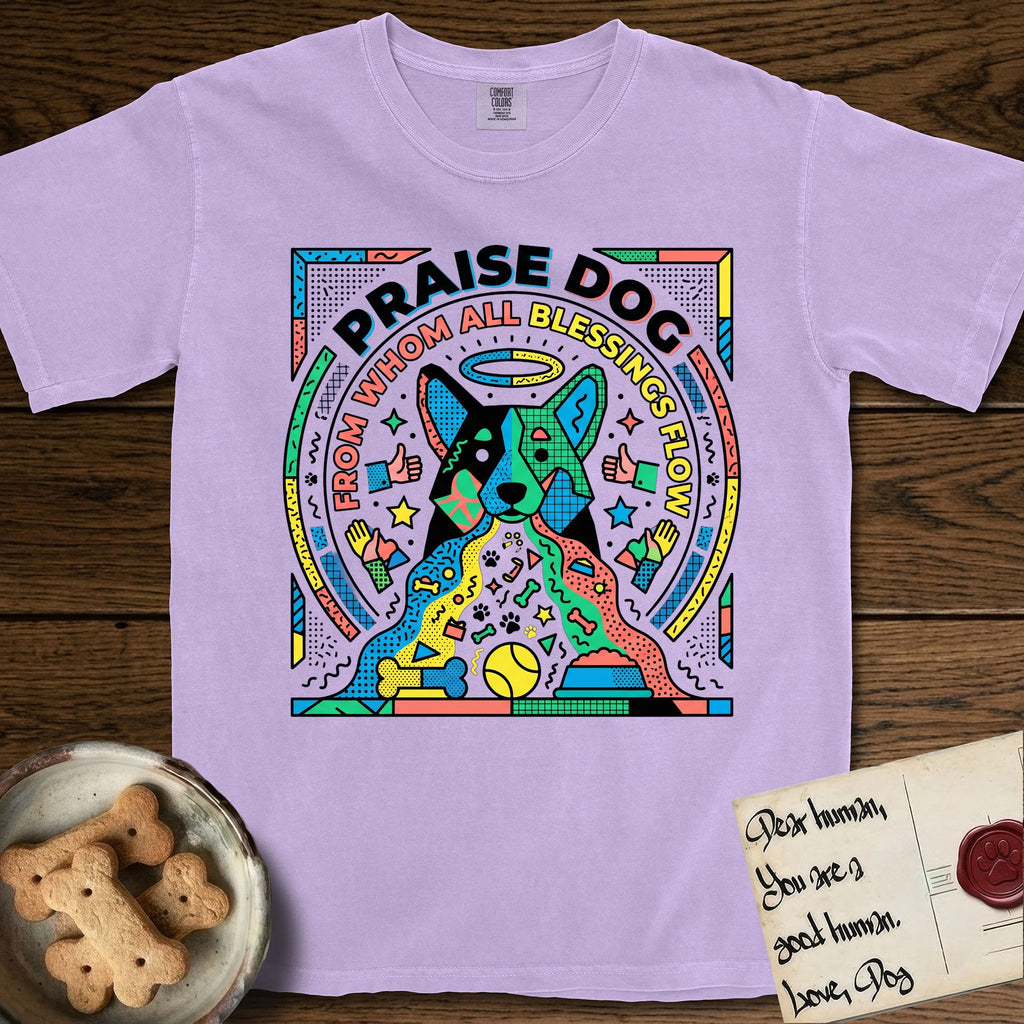 Praise Dog From Whom All Blessings Flow Australian Cattle Dog T-Shirt flat lay in Orchid, featuring a neon pop-art illustration of an abstract Australian Cattle Dog with bold outlined "Praise Dog From Whom All Blessings Flow" lettering.