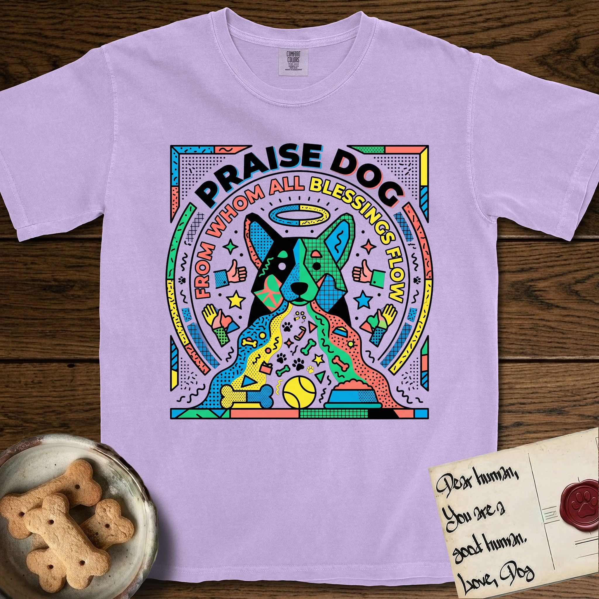 Praise Dog From Whom All Blessings Flow Australian Cattle Dog T-Shirt flat lay in Orchid, featuring a neon pop-art illustration of an abstract Australian Cattle Dog with bold outlined "Praise Dog From Whom All Blessings Flow" lettering.