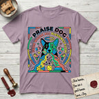 Praise Dog From Whom All Blessings Flow Australian Cattle Dog T-Shirt flat lay in Paragon, featuring a neon pop-art illustration of an abstract Australian Cattle Dog with bold outlined "Praise Dog From Whom All Blessings Flow" lettering.