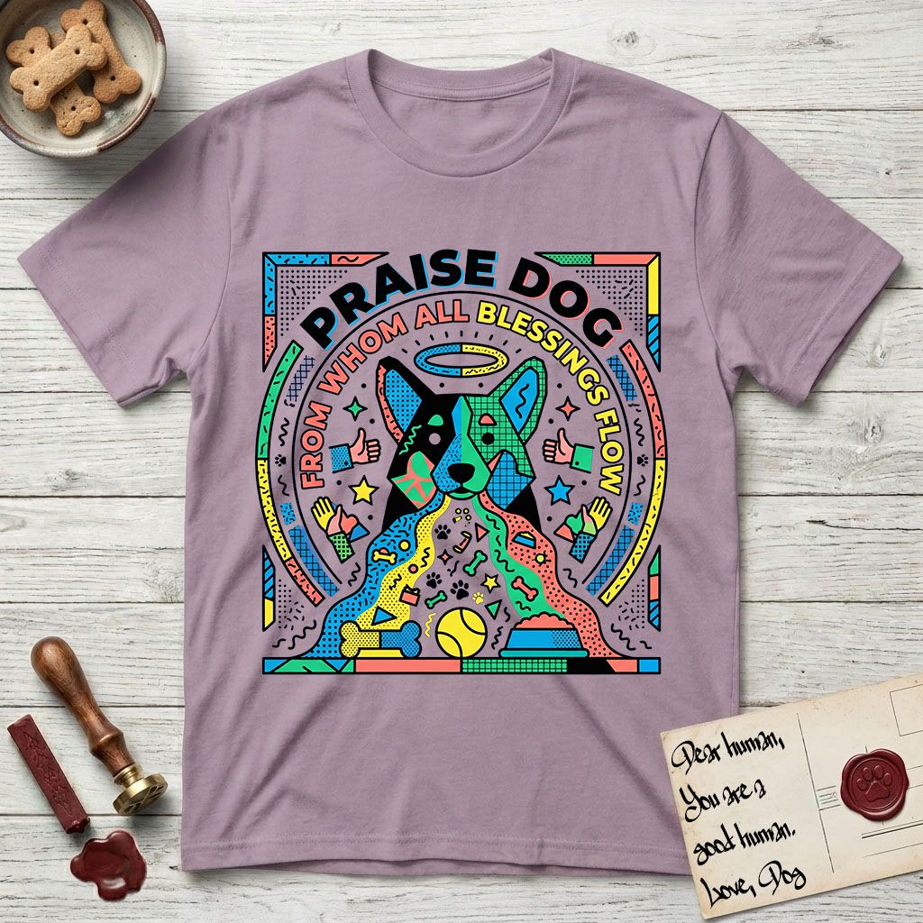 Praise Dog From Whom All Blessings Flow Australian Cattle Dog T-Shirt flat lay in Paragon, featuring a neon pop-art illustration of an abstract Australian Cattle Dog with bold outlined "Praise Dog From Whom All Blessings Flow" lettering.