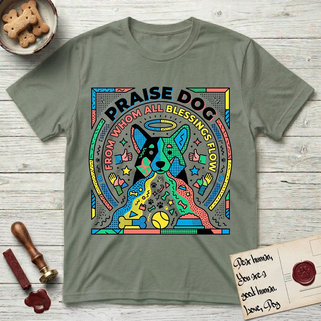 Praise Dog From Whom All Blessings Flow Australian Cattle Dog T-Shirt flat lay in Sage, featuring a neon pop-art illustration of an abstract Australian Cattle Dog with bold outlined "Praise Dog From Whom All Blessings Flow" lettering.