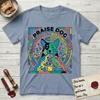 Praise Dog From Whom All Blessings Flow Australian Cattle Dog T-Shirt flat lay in Stone Blue, featuring a neon pop-art illustration of an abstract Australian Cattle Dog with bold outlined "Praise Dog From Whom All Blessings Flow" lettering.