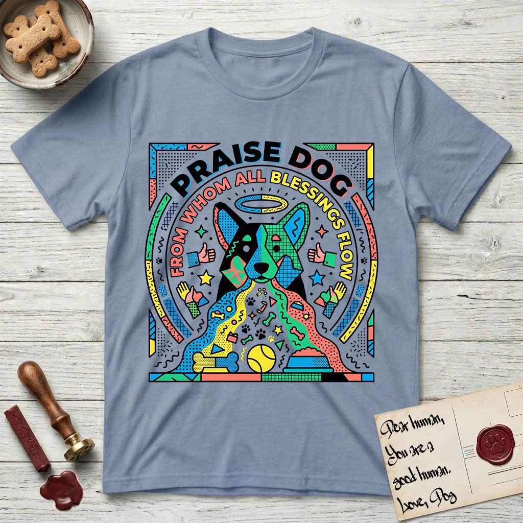 Praise Dog From Whom All Blessings Flow Australian Cattle Dog T-Shirt flat lay in Stone Blue, featuring a neon pop-art illustration of an abstract Australian Cattle Dog with bold outlined "Praise Dog From Whom All Blessings Flow" lettering.