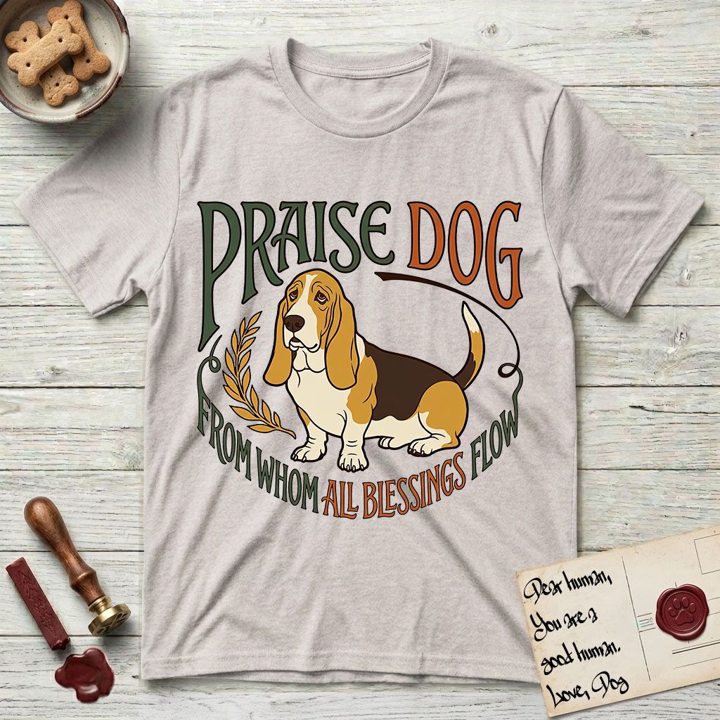 Praise Dog From Whom All Blessings Flow Basset Hound T-Shirt flat lay in Ice Grey, featuring an art nouveau hand-lettered design with a sad-eyed Basset Hound sitting beside a golden laurel sprig and the words Praise Dog From Whom All Blessings Flow.