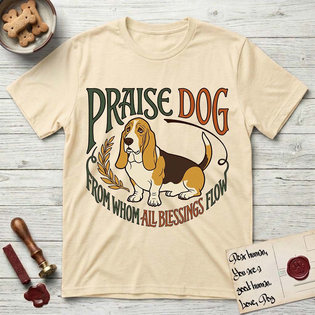 Praise Dog From Whom All Blessings Flow Basset Hound T-Shirt flat lay in Natural, featuring an art nouveau hand-lettered design with a sad-eyed Basset Hound sitting beside a golden laurel sprig and the words Praise Dog From Whom All Blessings Flow.
