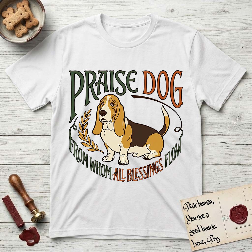 Praise Dog From Whom All Blessings Flow Basset Hound T-Shirt flat lay in White, featuring an art nouveau hand-lettered design with a sad-eyed Basset Hound sitting beside a golden laurel sprig and the words Praise Dog From Whom All Blessings Flow.