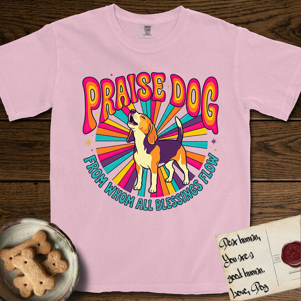 Praise Dog From Whom All Blessings Flow Beagle T-Shirt flat lay in Blossom, featuring a groovy psychedelic sunburst design with a Beagle howling skyward at the center and the words Praise Dog From Whom All Blessings Flow in rainbow bubble letters.