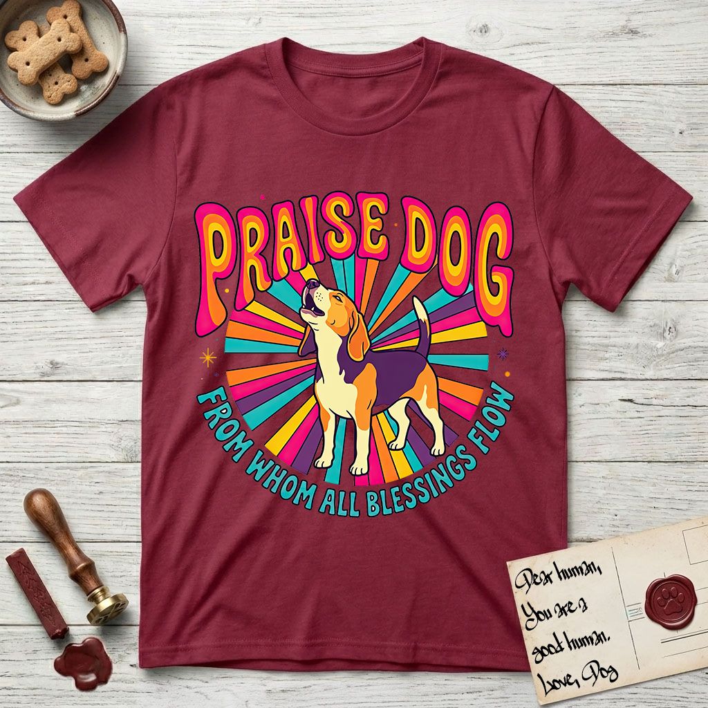 Praise Dog From Whom All Blessings Flow Beagle T-Shirt flat lay in Cardinal Red, featuring a groovy psychedelic sunburst design with a Beagle howling skyward at the center and the words Praise Dog From Whom All Blessings Flow in rainbow bubble letters.