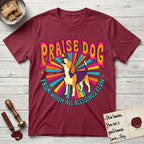 Praise Dog From Whom All Blessings Flow Beagle T-Shirt flat lay in Cardinal Red, featuring a groovy psychedelic sunburst design with a Beagle howling skyward at the center and the words Praise Dog From Whom All Blessings Flow in rainbow bubble letters.