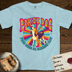 Praise Dog From Whom All Blessings Flow Beagle T-Shirt flat lay in Chambray, featuring a groovy psychedelic sunburst design with a Beagle howling skyward at the center and the words Praise Dog From Whom All Blessings Flow in rainbow bubble letters.