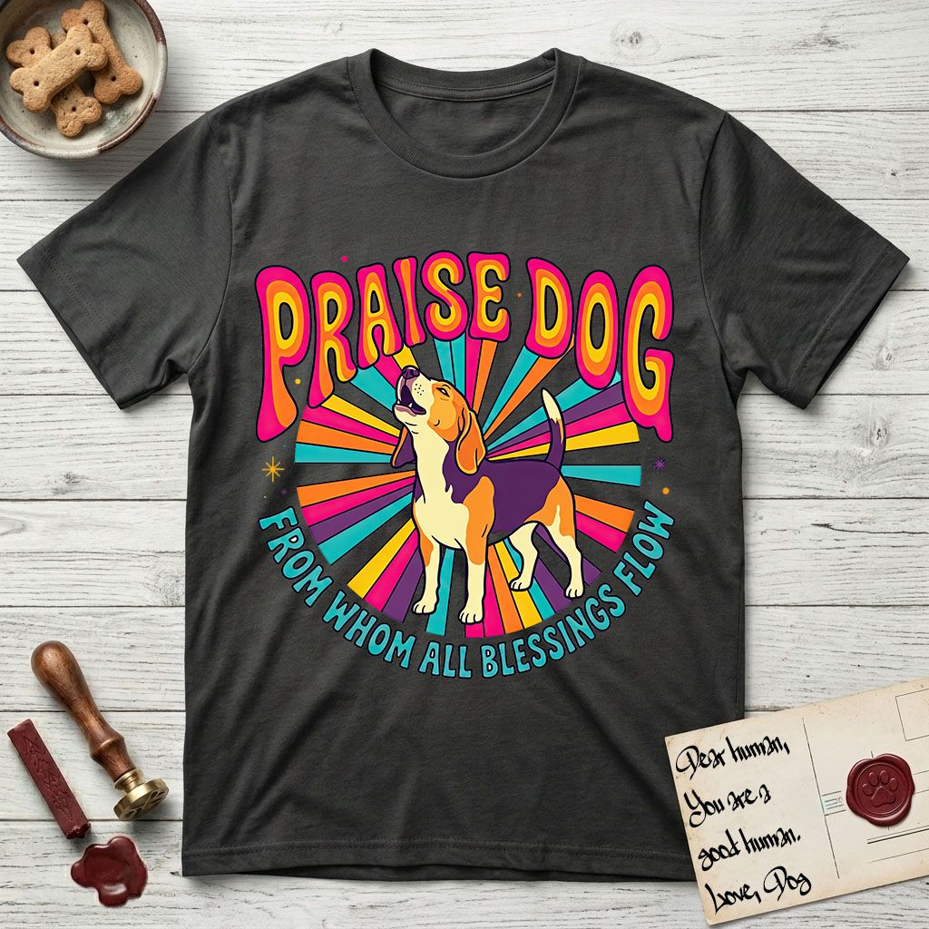Praise Dog From Whom All Blessings Flow Beagle T-Shirt flat lay in Charcoal, featuring a groovy psychedelic sunburst design with a Beagle howling skyward at the center and the words Praise Dog From Whom All Blessings Flow in rainbow bubble letters.