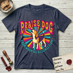 Praise Dog From Whom All Blessings Flow Beagle T-Shirt flat lay in Heather Navy, featuring a groovy psychedelic sunburst design with a Beagle howling skyward at the center and the words Praise Dog From Whom All Blessings Flow in rainbow bubble letters.