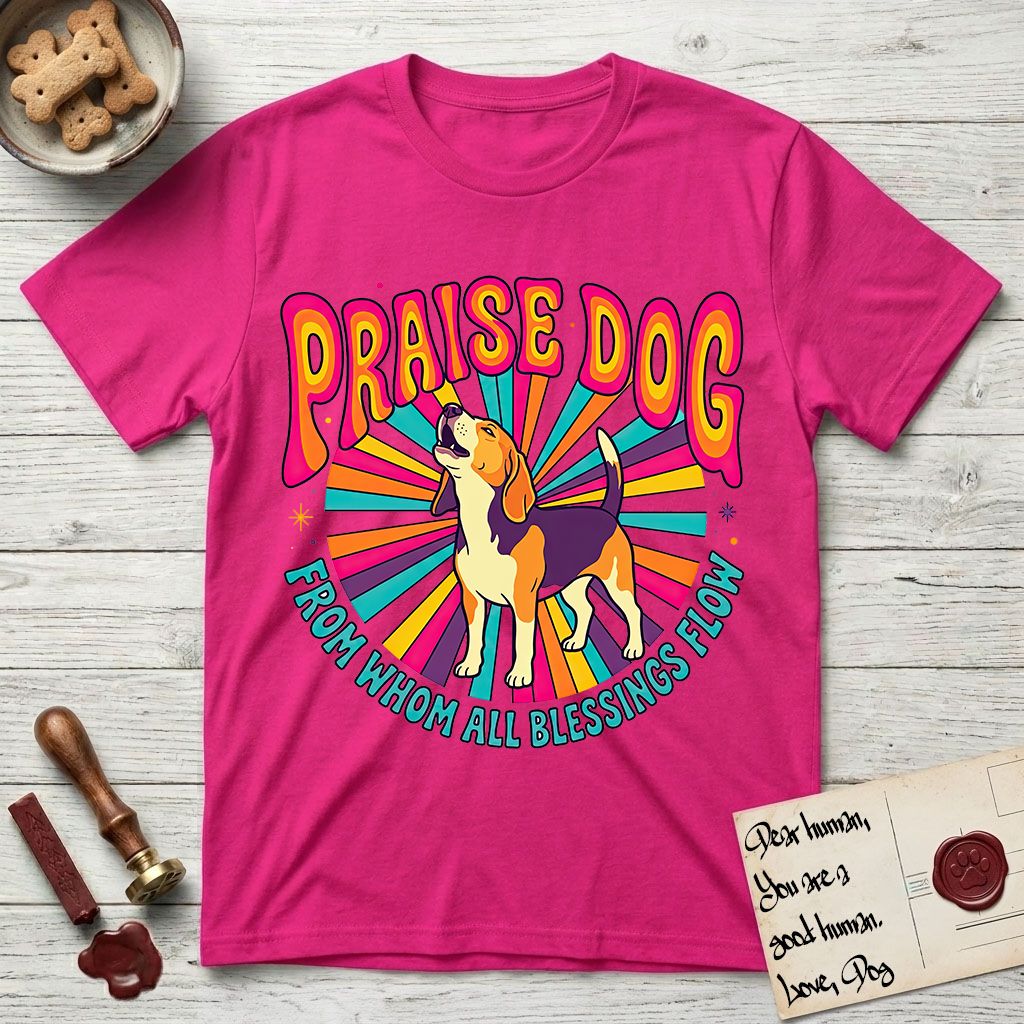 Praise Dog From Whom All Blessings Flow Beagle T-Shirt flat lay in Heliconia, featuring a groovy psychedelic sunburst design with a Beagle howling skyward at the center and the words Praise Dog From Whom All Blessings Flow in rainbow bubble letters.