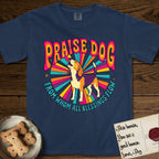 Praise Dog From Whom All Blessings Flow Beagle T-Shirt flat lay in True Navy, featuring a groovy psychedelic sunburst design with a Beagle howling skyward at the center and the words Praise Dog From Whom All Blessings Flow in rainbow bubble letters.