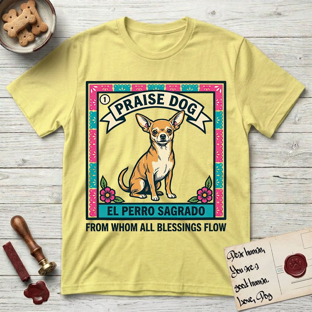 Praise Dog From Whom All Blessings Flow Chihuahua T-Shirt flat lay in Cornsilk, featuring a loteria-style folk art card with a Chihuahua seated inside a papel picado border, a banner reading El Perro Sagrado, and the words Praise Dog From Whom All Blessings Flow.