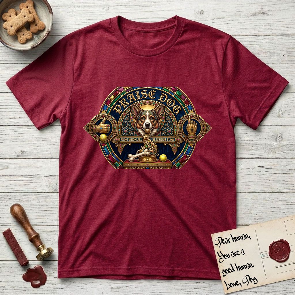 Praise Dog From Whom All Blessings Flow Corgi T-Shirt flat lay in Antique Cherry Red, featuring a jeweled baroque throne emblem with a Corgi at center, a golden gemstone frame, raised golden hands in blessing, and the words Praise Dog.