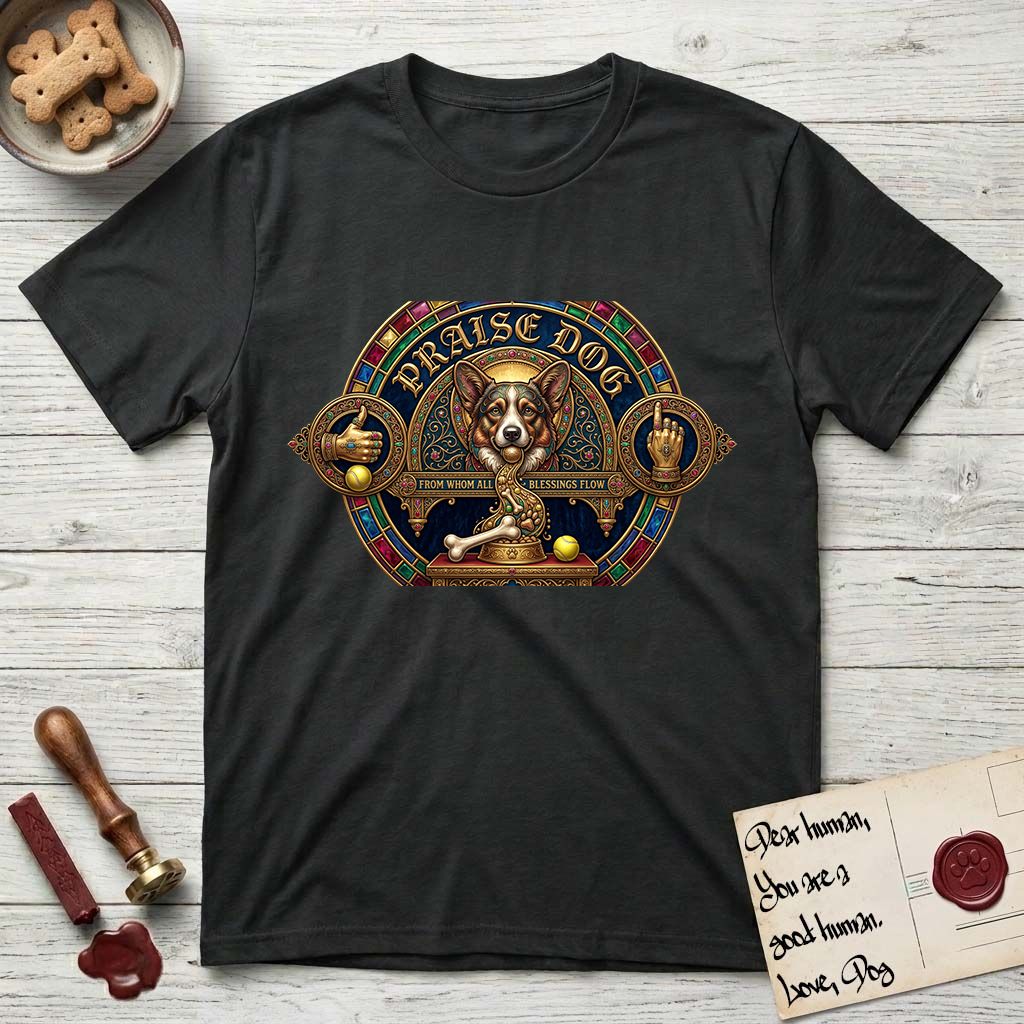Praise Dog From Whom All Blessings Flow Corgi T-Shirt flat lay in Black, featuring a jeweled baroque throne emblem with a Corgi at center, a golden gemstone frame, raised golden hands in blessing, and the words Praise Dog.