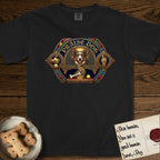 Praise Dog From Whom All Blessings Flow Corgi T-Shirt flat lay in Black, featuring a jeweled baroque throne emblem with a Corgi at center, a golden gemstone frame, raised golden hands in blessing, and the words Praise Dog.