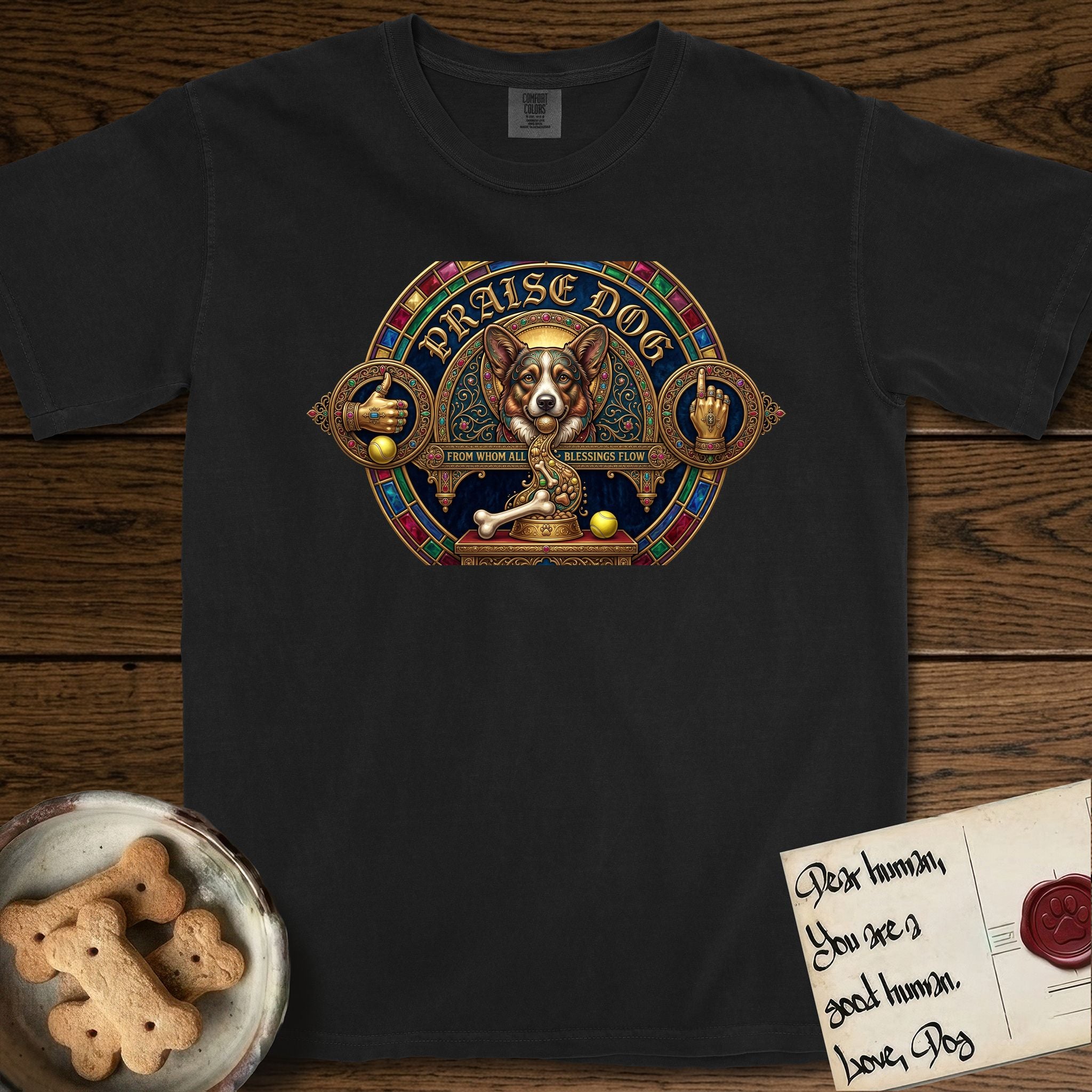 Praise Dog From Whom All Blessings Flow Corgi T-Shirt flat lay in Black, featuring a jeweled baroque throne emblem with a Corgi at center, a golden gemstone frame, raised golden hands in blessing, and the words Praise Dog.