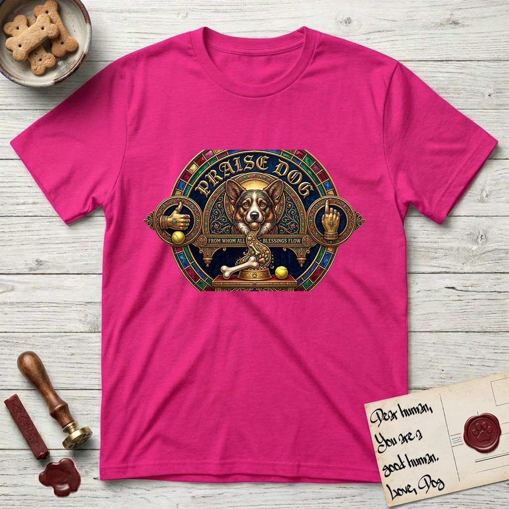 Praise Dog From Whom All Blessings Flow Corgi T-Shirt flat lay in Heliconia, featuring a jeweled baroque throne emblem with a Corgi at center, a golden gemstone frame, raised golden hands in blessing, and the words Praise Dog.