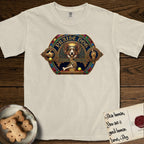 Praise Dog From Whom All Blessings Flow Corgi T-Shirt flat lay in Ivory, featuring a jeweled baroque throne emblem with a Corgi at center, a golden gemstone frame, raised golden hands in blessing, and the words Praise Dog.