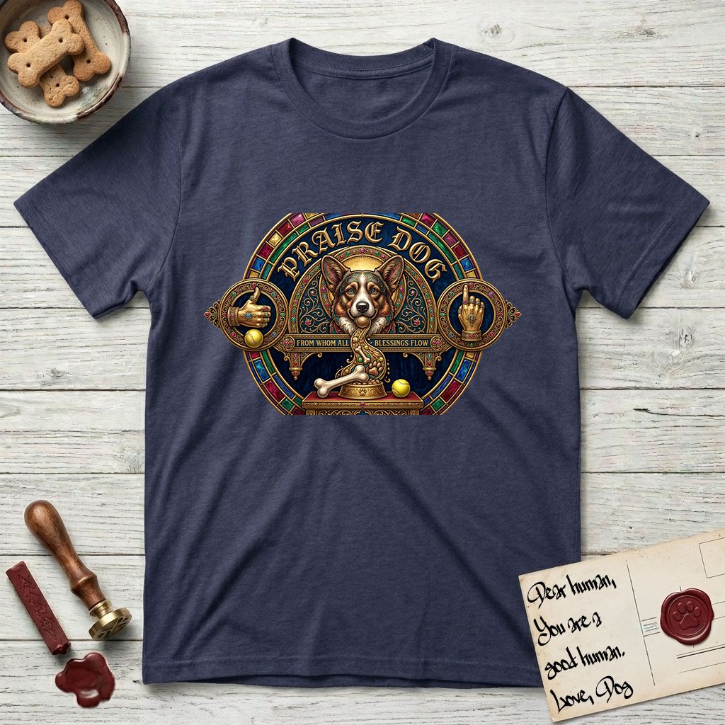 Praise Dog From Whom All Blessings Flow Corgi T-Shirt flat lay in Navy, featuring a jeweled baroque throne emblem with a Corgi at center, a golden gemstone frame, raised golden hands in blessing, and the words Praise Dog.