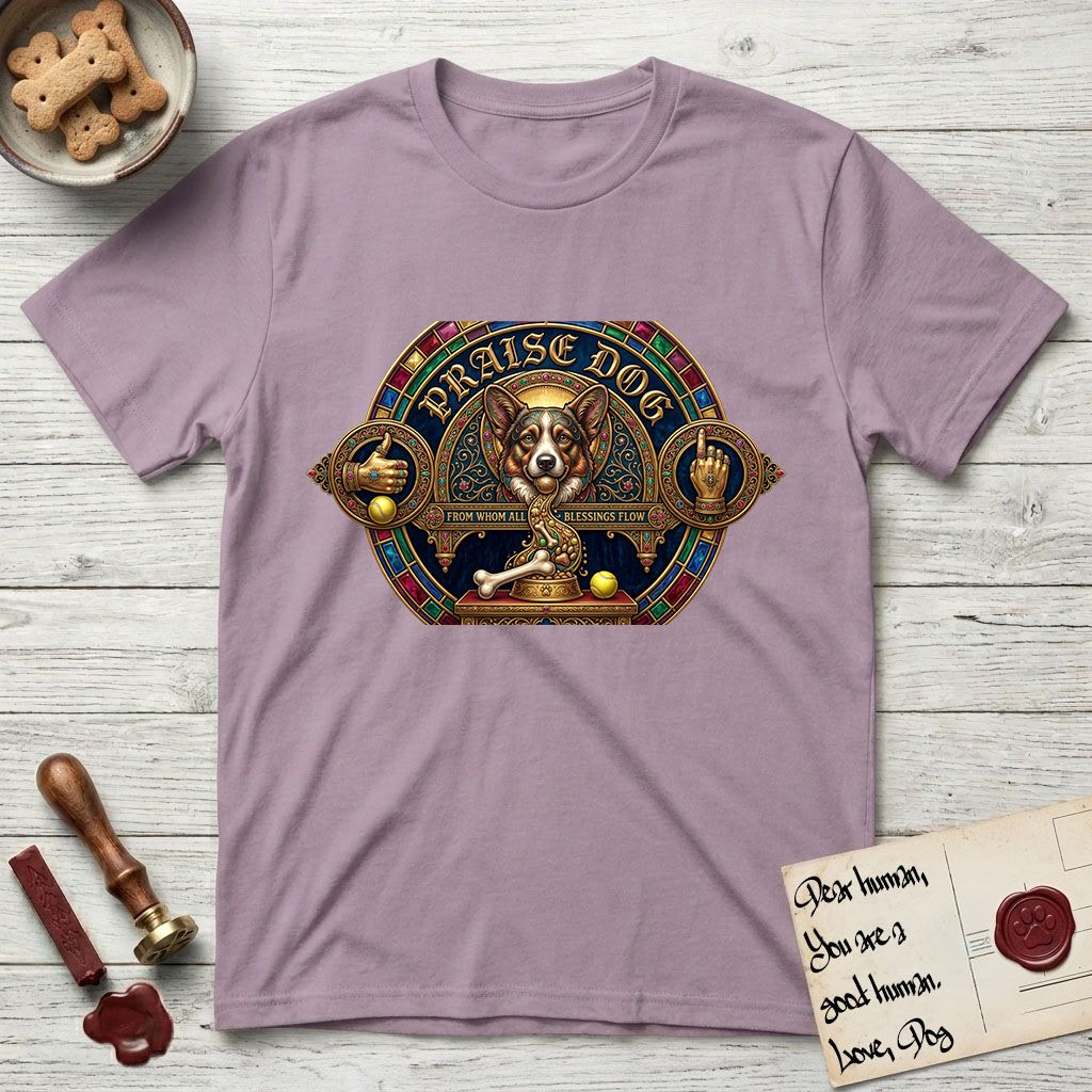 Praise Dog From Whom All Blessings Flow Corgi T-Shirt flat lay in Paragon, featuring a jeweled baroque throne emblem with a Corgi at center, a golden gemstone frame, raised golden hands in blessing, and the words Praise Dog.