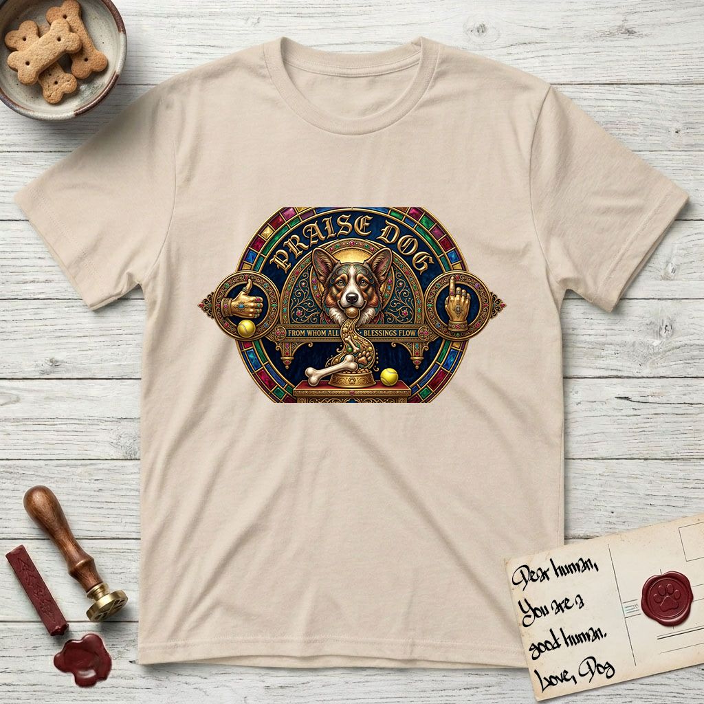 Praise Dog From Whom All Blessings Flow Corgi T-Shirt flat lay in Sand, featuring a jeweled baroque throne emblem with a Corgi at center, a golden gemstone frame, raised golden hands in blessing, and the words Praise Dog.