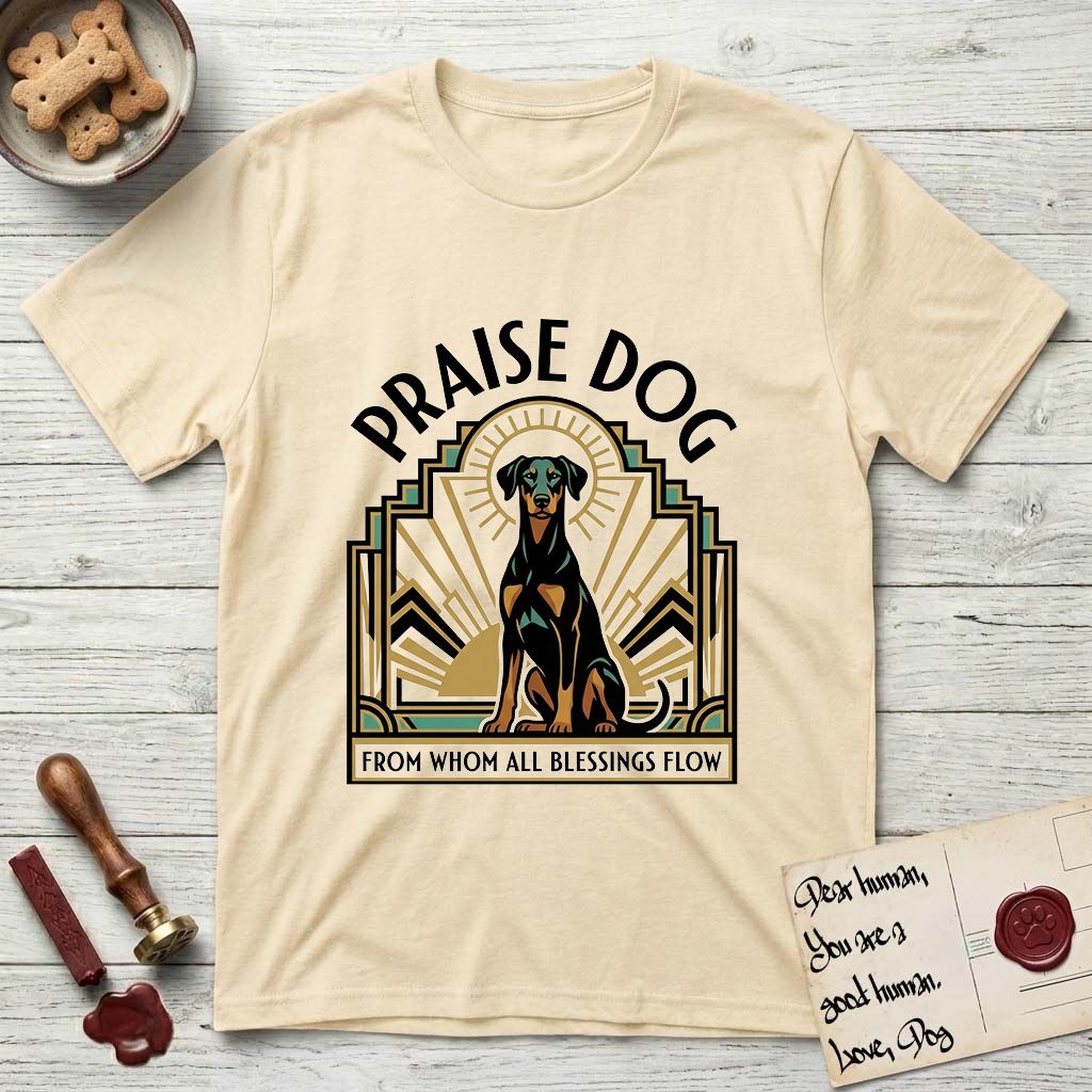 Praise Dog From Whom All Blessings Flow Doberman T-Shirt flat lay in Natural, featuring an Art Deco emblem of a seated Doberman with natural ears and full tail, framed by geometric gold and jade rays with a sunburst halo and "Praise Dog From Whom All Blessings Flow" lettering.