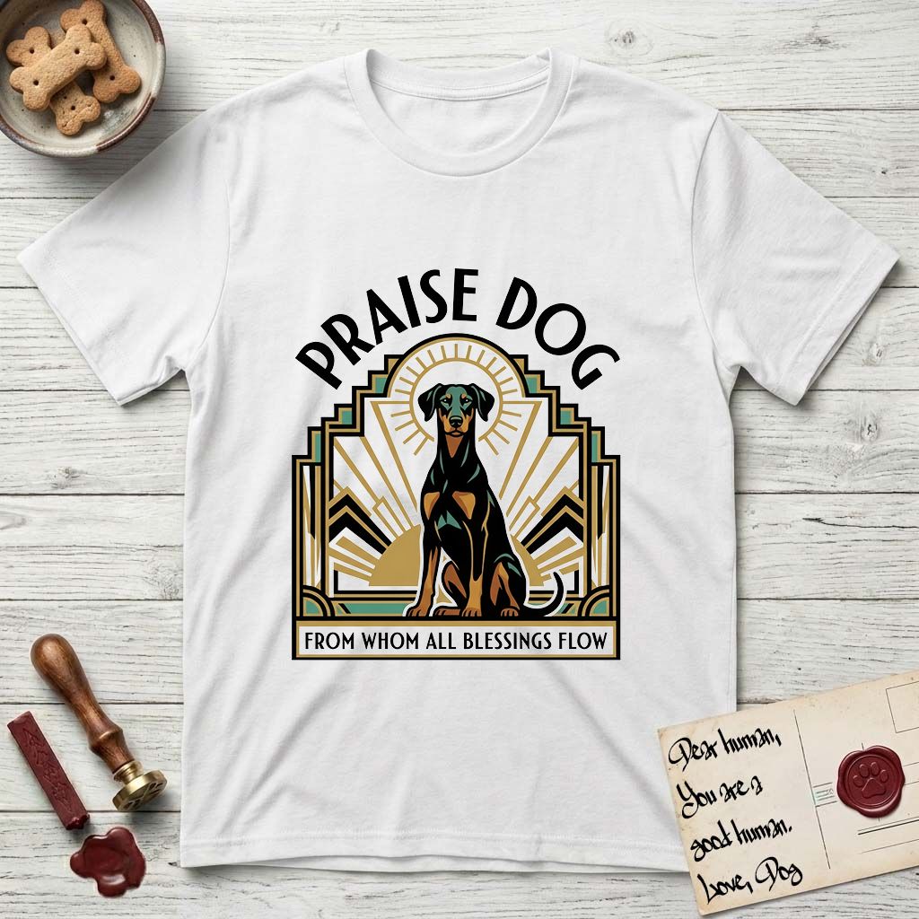 Praise Dog From Whom All Blessings Flow Doberman T-Shirt flat lay in White, featuring an Art Deco emblem of a seated Doberman with natural ears and full tail, framed by geometric gold and jade rays with a sunburst halo and "Praise Dog From Whom All Blessings Flow" lettering.