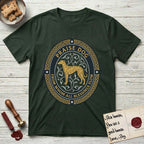Praise Dog From Whom All Blessings Flow Galgo T-Shirt flat lay in Forest Green, featuring a gold and navy oval medallion with a brindle Galgo standing in profile over silver filigree vines, a knotwork border, and the words Praise Dog From Whom All Blessings Flow.